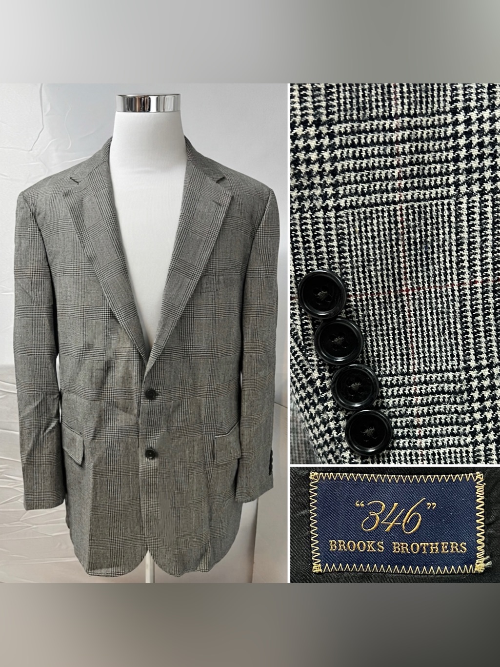 Brooks Brothers Men's 46l Gray Glen Plaid Check Wool Blazer Jacket